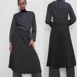 Zara Side Button Gray Pleated Midi Skirt/Medium/Charcoal Gray 7149/266